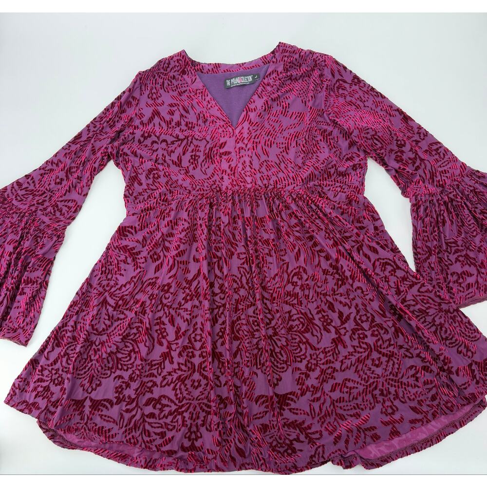 The Pyramid Collection Velvet Burnout Boho Babydoll Dress Purple Pink L - Picture 11 of 11